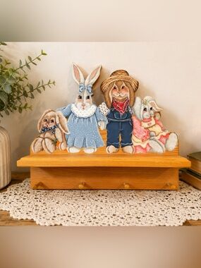 Hand-Painted Bunnies | Wooden Wall Shelf With 4 Peg Coat Rack